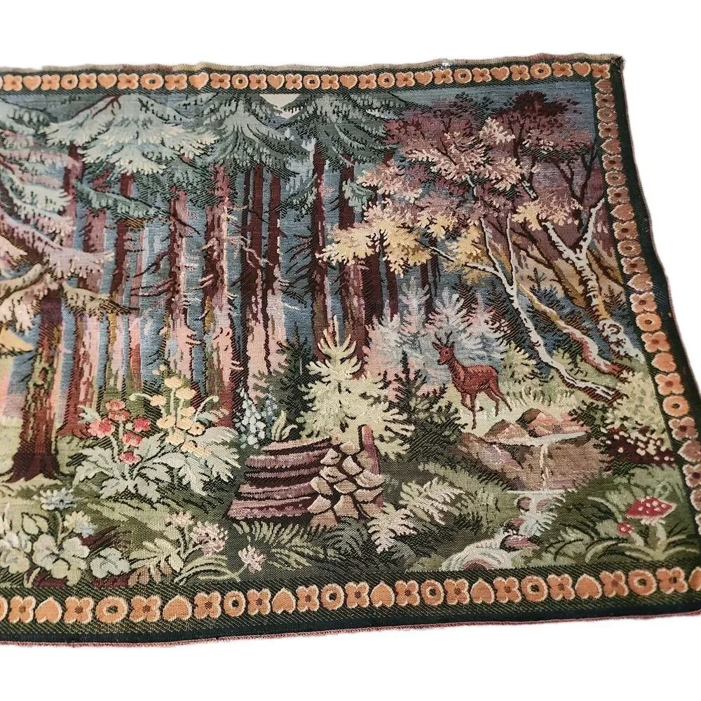 Vintage German Black Forest Gobelin Tapestry Wall Hanging Cottage Deer 50
